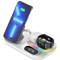 4 in 1 Wireless Charger Foldable Fast Charging Station Stand Dock with Digital Clock Nightlight Fit for iWatch Airpod 2/3/Pro iPhone 13 12 11 Pro Sams