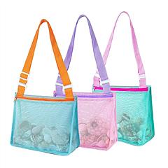 3Pcs Beach Mesh Bags Seashell Sand Toys Collecting Tote Bags with Adjustable Straps for Boys Girls