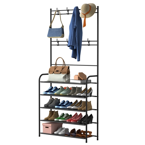 Entryway Coat Hat Rack Shoe Storage Shelf 5 Tier Shoe Rack Freestanding Hall Tree Garment Hanger