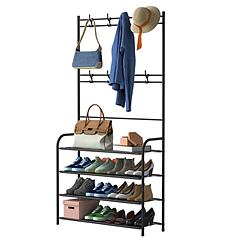 Entryway Coat Hat Rack Shoe Storage Shelf 4 Tier Shoe Rack Freestanding Hall Tree Garment Hanger Stand Clothes Shoe Organizer Combo