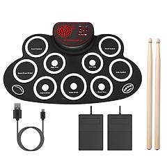 10 Pads Electric Drum Set Foldable 10-Drum Silicon Drum Kit Foldable Electronic Drum Pad Machine with Drum Sticks Headphone Jack Speaker Battery Dual-