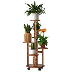 5 Tier Plant Stand with 4 Detachable Wheels Wooden Plant Pot Rolling Shelf Plant Display Rack for Indoor Outdoor Decoration