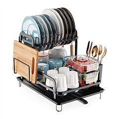 2-Tier Dish Drying Rack for Kitchen Counter Space Saving Rustproof Dish Rack with Drainboard Detachable Kitchen Drainer Organizer Set with Utensil Hol