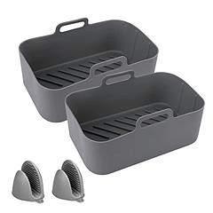 Reusable Air Fryer Silicone Pot Rectangle Replacement of Parchment Liners 2 Basket Pans with 1 Pair of Mittens for 6-8 Quart Oven Air Fryer
