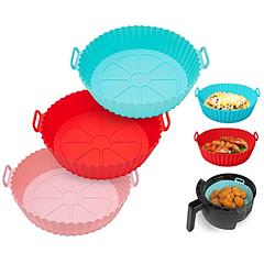 3Pcs Reusable Foldbale Air Fryer Silicone Pot 464°F Heat Resistant Round Replacement of Parchment Liners 3 Food Grade Baking Basket Pans for 4+Quart A