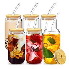 6Pcs Mason Jar Cups with Lid 16OZ Reusable Glass Beer Can with Bamboo Lids Glass Straws Cleaning Brush for Iced Coffee Smoothie Tea