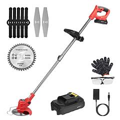 Electric Cordless Grass Trimmer Rechargeable Lawn Mower Weed Cutter with Alloy Saw Blade 2 Alloy Blades 5 Plastic Blades 2 Rechargeable Batteries Gogg