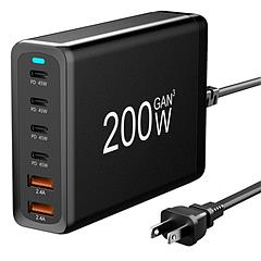200W Fast Wall Charger with 6 Charging Ports Desktop USB Charging Station PD45W 2.4A GaN Power Adapter Fit for IOSPhone 14 13 12 11 Samsung S22 S21 Sw