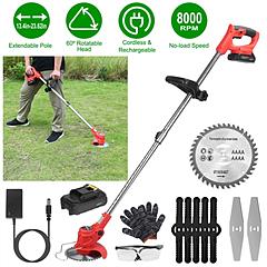 Electric Cordless Grass Trimmer Rechargeable Lawn Mower Weed Cutter with Alloy Saw Blade 2 Alloy Blades 5 Plastic Blades 2 Rechargeable Batteries Gogg