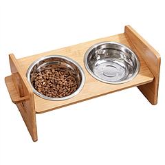 Bamboo Double Dog Raised Bowls 15° Tilt Elevated Dog Bowls with 4 Adjustable Heights 2 Stainless Steel Bowls Pet Feeder for Dogs Cats Rabbits