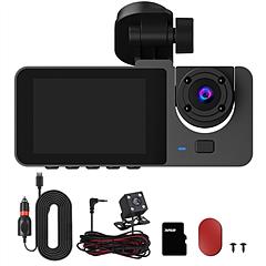 3 Channel Dash Cam Front Inside Rear Vehicle Driving Recorder Car DVR with 32G MMC Card G Sensor Motion Detection Parking Monitor Night Vision Loop Re
