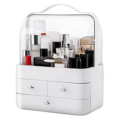 3 Tiers Makeup Organizer Cosmetic Storage Box with Dustproof Waterproof Lid Portable Handle Drawers Cosmetic Display Case for Bathroom Bedroom Dressin