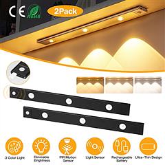 NewHome 2Pack Rechargeable Cabinet Light Motion Sensor Light Cordless LED Closet Lamp 3 Colors Dimmable Light for Kitchen Cabinet