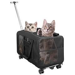 Double-Compartment Pet Rolling Carrier Cat Dog Rolling Carrier with Detachable Wheels Telescopic Handle Adjustable Shoulder Strap