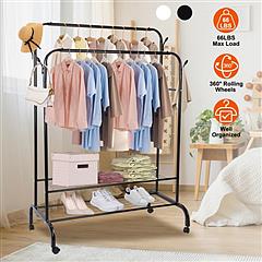 NewHome Garment Hanging Rack Clothing Hanging Rail Pillow Shoe Display Organizer Clothes Organizer Stand with 2 Rails 2 Shelves 4 Rolling Wheels 4 Hooks