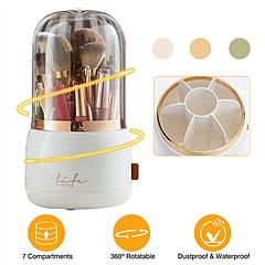 360° Rotating Makeup Brush Holder with Lid Makeup Organizer for Vanity Dustproof Makeup Brush Container with 7 Compartments