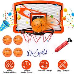 Indoor Mini Basketball Hoop Set Over Door Basketball Hoop with 4 Inflatable Balls Electric Audio Scorer Foldable Basket Gift for Kids and Adults