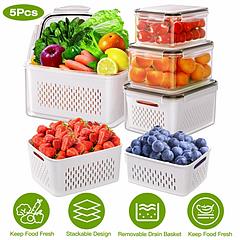 5Pcs Fruit Vegetable Containers with Removable Drain Basket Leakproof Lid Stackable Food Storage Organizer for Fridge Dishwasher Safe
