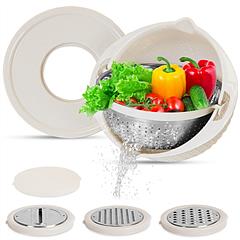 Multifunctional Mixing Bowl with Lid Set 3 Replaceable Graters Food Strainer and Colander Fruit Vegetable Washing Basket Stainless Steel