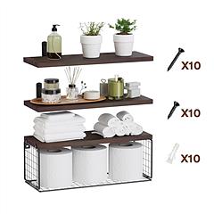 2 In 1 Floating Shelves Wall Mounted with Storage Basket Bathroom Shelves Over Toilet Wooden Shelves for Bedroom Living Room Kitchen Office Wall Decor