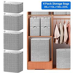 4 Pack Foldable Non Woven Storage Bags Closet Organizers Wardrobe Sorting Baskets with 2 Handles Dustproof Lid Zipper for Clothes Quilt 30L 110L 150L 