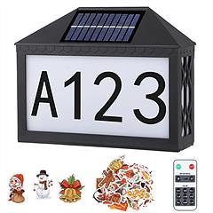 Christmas Solar Address Sign IP55 Waterproof Colorful House Numbers Plaque Wall Mounted LED Address Sign with 9 Lighting Modes Remote Control for Yard