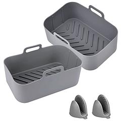 Reusable Air Fryer Silicone Pot Rectangle Replacement of Parchment Liners 2 Basket Pans with 1 Pair of Mittens for 6-8 Quart Oven Air Fryer