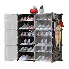 6-Tier 2-Row Shoe Rack Organizer Stackable Free Standing Shoe Storage Shelf Plastic Shoe Cabinet Tower with Transparent Doors for Heels Boots Slippers