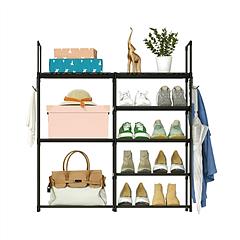 5 Tiers Plus 3 Tiers Shoe Rack Metal Shoe Storage Shelf Free Standing Shoe Stand 16+ Pairs Shoe Tower Unit Tall Shoe Organizer with 2 Row Hooks for En