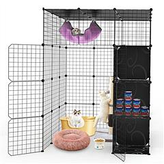 4Tier Cat Playpen Cage Black Iron Indoor Cat House Detachable Kitten House with Storage Shelves Cat Hammock Flexible Installation For 1-4Cats Exercise