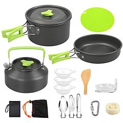 16Pcs Camping Cooking Ware Set Camping Stove Cookware Kit Aluminum Pot Pan Kettle Set with Bowls Knife Fork Spoon Carabiner Spatula Cutting Board for 