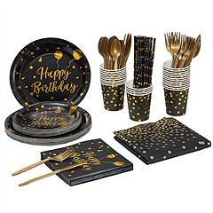 201PCS Black Gold Birthday Party Supplies For 25 Guests Happy Birthday Disposable Dinnerware Set Paper Plates 9OZ Cups Straws Napkins Forks Knives Spo