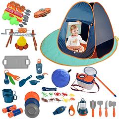 56Pcs Kids Camping Toy Set With Playtent Pretend Oil Lamp Telescope Bonfire Compass Role Play Camping Set For Over 3 Years Old Boy Girl Toddlers Campi