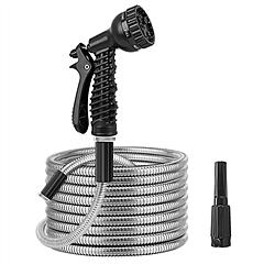 25FT/50FT/100FT Heavy Duty Stainless Steel Garden Hose Garden Watering Kit Metal Water Hose with 2 Nozzles 12 Patterns Flexible Extendable Kink Tangle