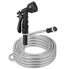 25FT/50FT/100FT Heavy Duty Stainless Steel Garden Hose Garden Watering Kit Metal Water Hose with 2 Nozzles 12 Patterns Flexible Extendable Kink Tangle