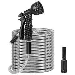 25FT/50FT/100FT Heavy Duty Stainless Steel Garden Hose Garden Watering Kit Metal Water Hose with 2 Nozzles 12 Patterns Flexible Extendable Kink Tangle