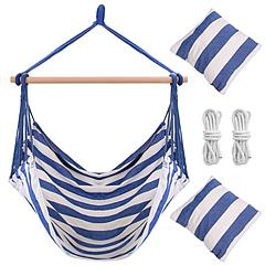 Hammock Hanging Chair Canvas Porch Patio Swing Seat Portable Camping Rope Seat Wooden Stick Hammock Chair with 2 Pillows 265LBS Load-bearing