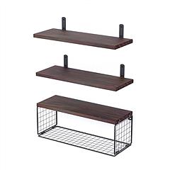 2 In 1 Floating Shelves Wall Mounted with Storage Basket Bathroom Shelves Over Toilet Wooden Shelves for Bedroom Living Room Kitchen Office Wall Decor
