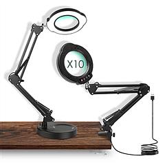 10X Magnifying Glass with Light And Stand Real Glass Lens Magnifying Desk Lamp with Clamp 5 Color Modes Dimmable Brightness For Craft Reading Painting