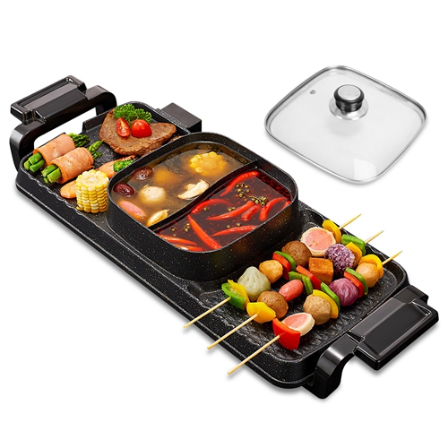 2 in 1 Electric Hot Pot with Grill 2800W Smokeless Non-Stick Korean BBQ ...