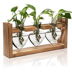 Plant Terrarium Propagation Station with 3 Heart Shaped Vases Wooden Stand Desktop Air Planter Bulb Glass Vase for Hydroponics Home Office Decor Gift 