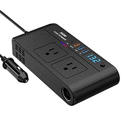 200W 12V Car Inverter DC12V to AC110V Vehicle Power Converter with 2 110V AC Outlets 1 Type-C 3 USB Ports Quick Charge Overheat Protection Voltage Dis