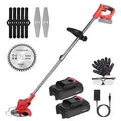 Electric Cordless Grass Trimmer Rechargeable Lawn Mower Weed Cutter with 2 Alloy Saw Blades 2 Alloy Blades 10 Plastic Blades 2 Rechargeable Batteries 